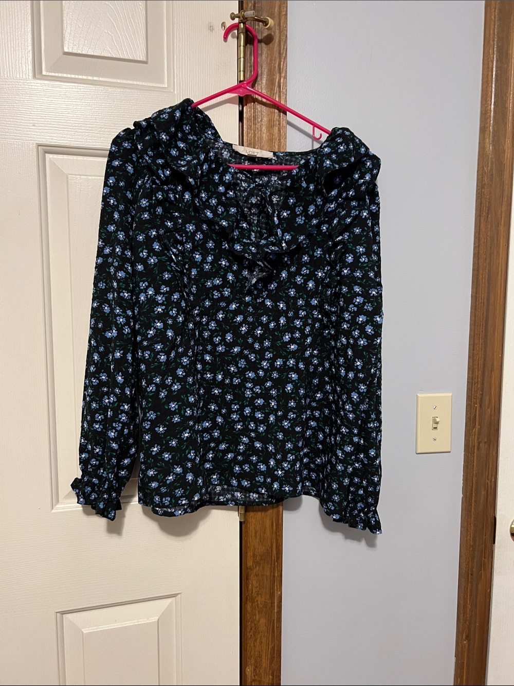 LOFT Black Blouse with Blue Floral Ruffle Neck